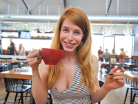 Horny teen redhead strips bikini at pool to expose nice breasts & bald pussy